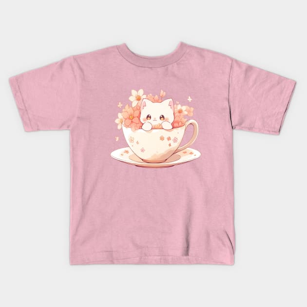 Cute Cat in a Teacup with Flowers Kids T-Shirt by Seraphine